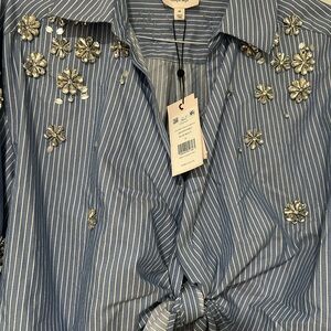 Cinq á Sept Blue & White Stripe Tie-Front Shirt with Silver Floral Embellishment